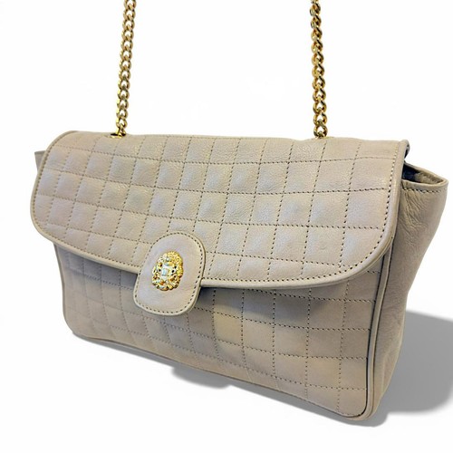 CELINE Leather Quilted Chain Shoulder Bag Off White Gold Logo Used From Japan