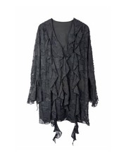 Boohoo Black Chiffon Boho Mini Dress Size 12 Bell Sleeves Ruffle Front