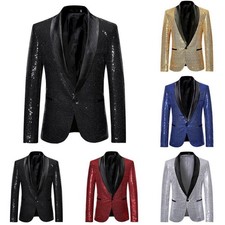 Mens Sequin Blazer Show Jacket Party Nightclub Emcee Host DJ Suit Coat