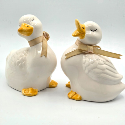 Pair of White Ceramic Ducks Figurines by Impulse Giftware Granny Country Cottage