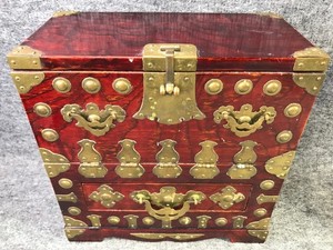 Vintage Korean Seal Box Wood & Brass Prayer Trinket Box Treasure Chest W/Drawers