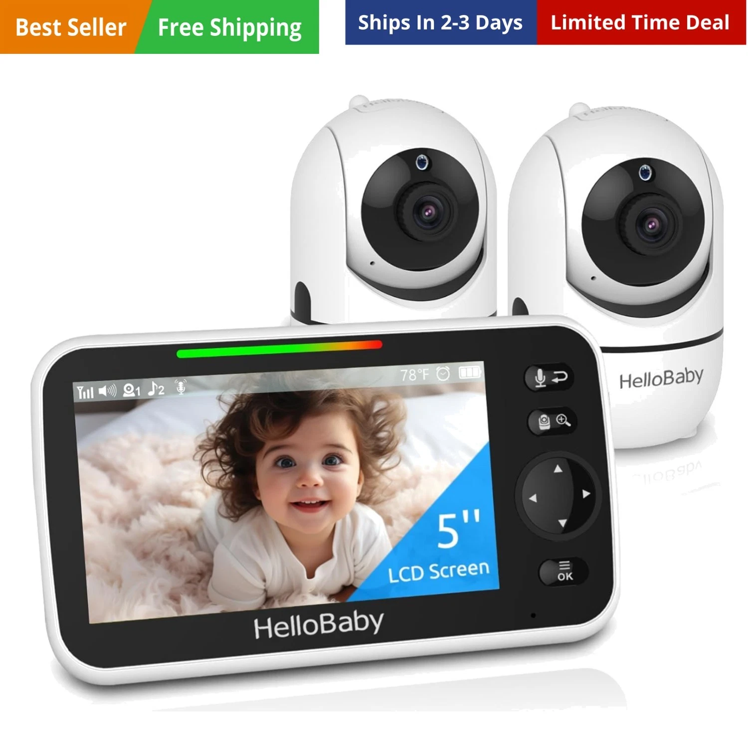 Upgrade 5’’ Baby Monitor with 30-Hour Battery, 2 Cameras Pan-Tilt-Zoom, 1000f...