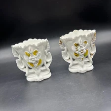 Antique Old Paris Porcelain Spill Bridal Vases Floral Scalloped Edges Pair READ