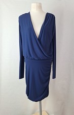 Gorgeous Couture Dress plunging crossover Wrap Front Blue Ruched Size S UK 8-10