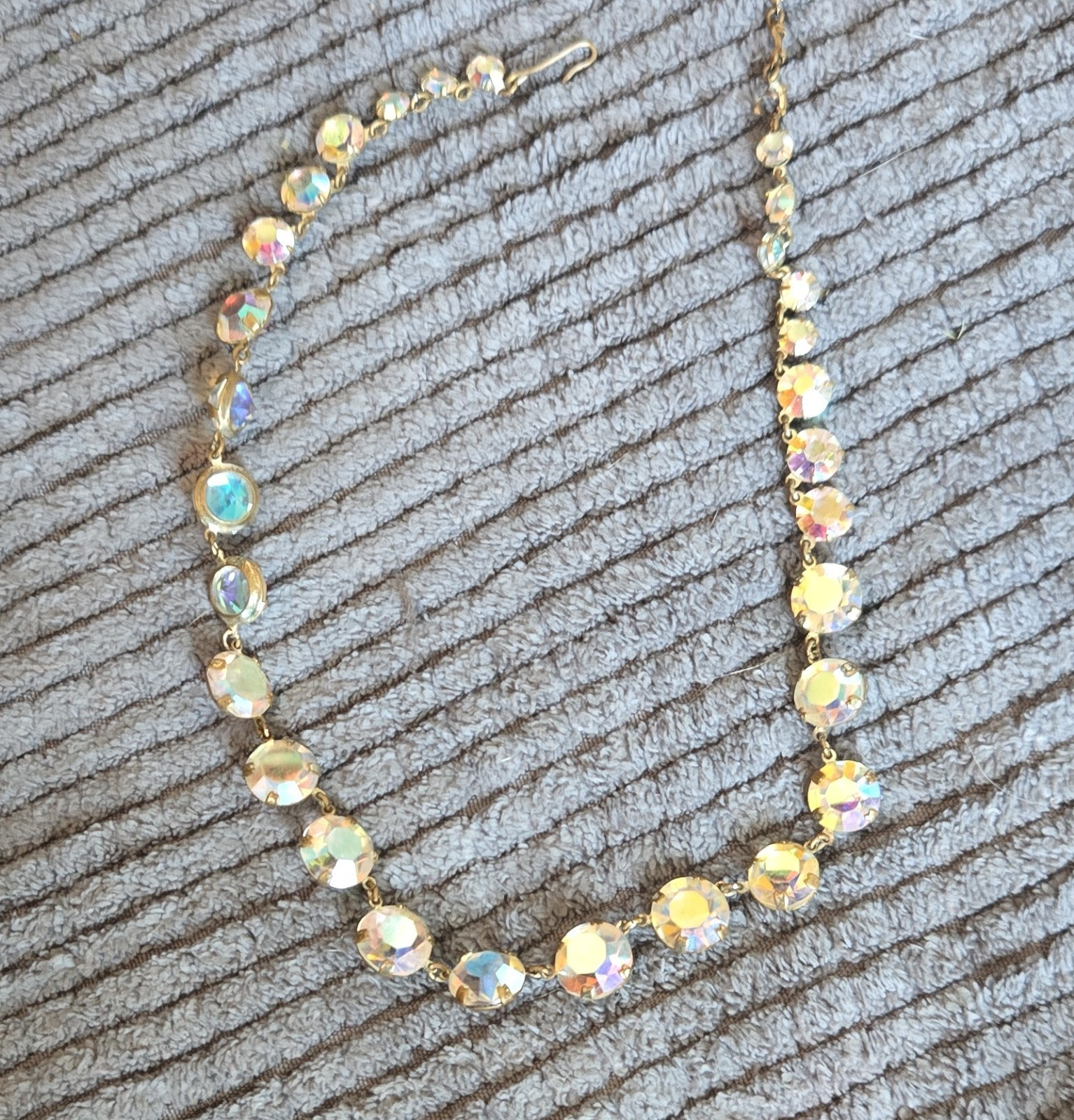 Vintage Gold Tone Beaded Statement Necklace Iridescent Crystal Hook Closure