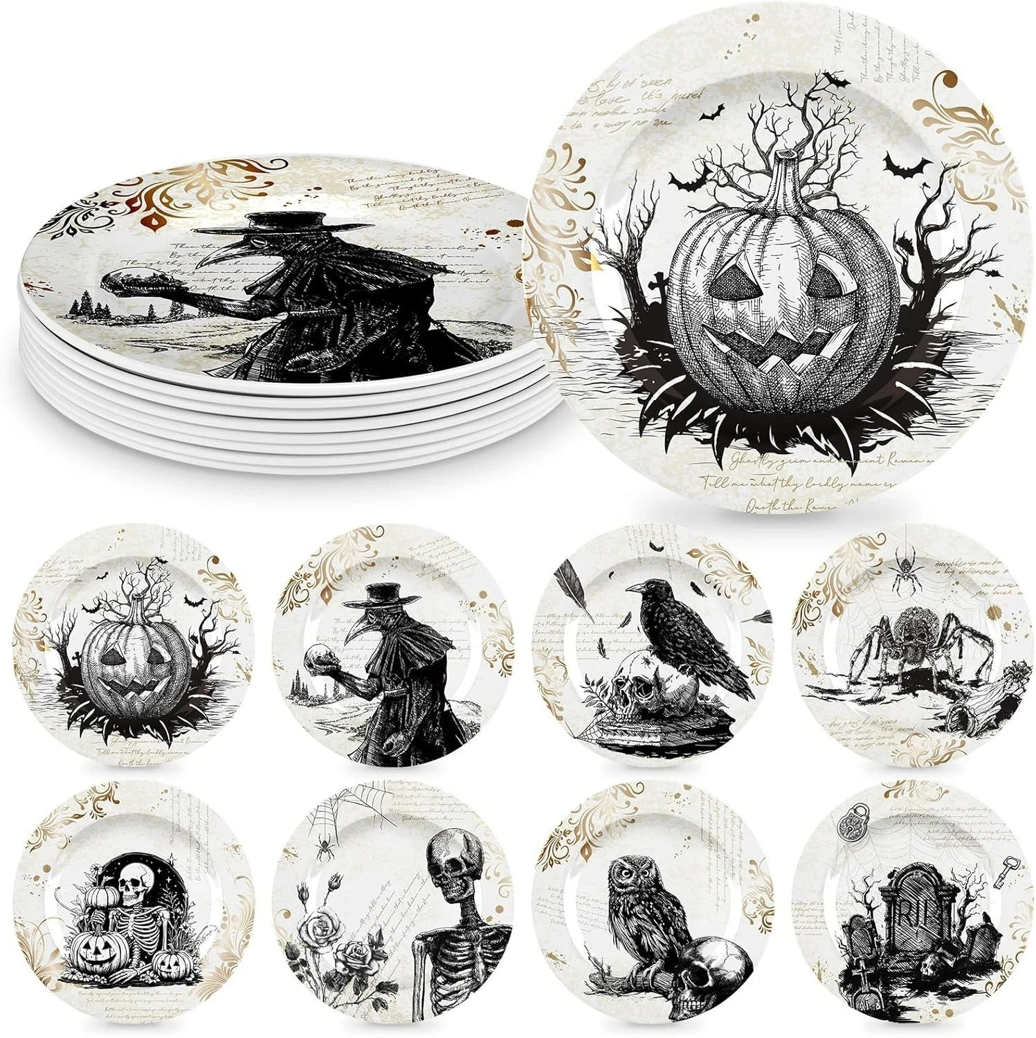 8 Pcs Vintage Halloween Dinnerware Set Plates Serving 8 Inch