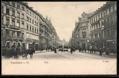 Frankfurt /Main, Strassenbahnen am Cafe Milani im Zeil, Ansichtskarte 1907 