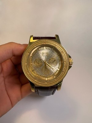 Super Master Mens Gold Tone Diamond Accent Watch Brown Leather Strap Quartz 3ATM