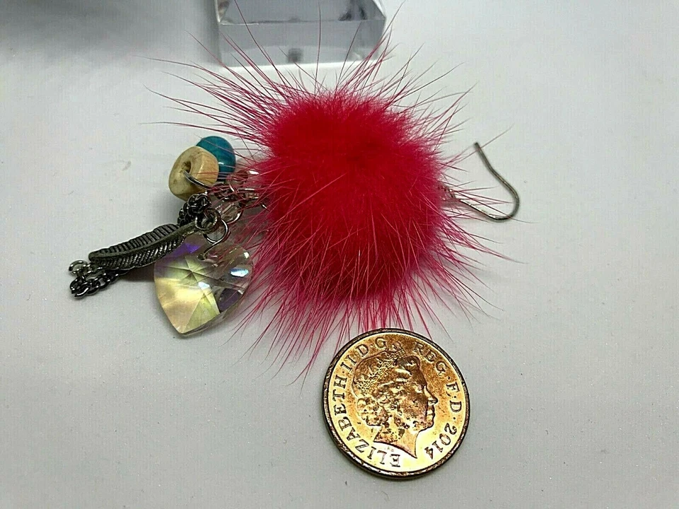 Pendientes colgantes/gotas de cristal de plástico pluma rosa metal plata vintage 1980' Foto 3 de 4