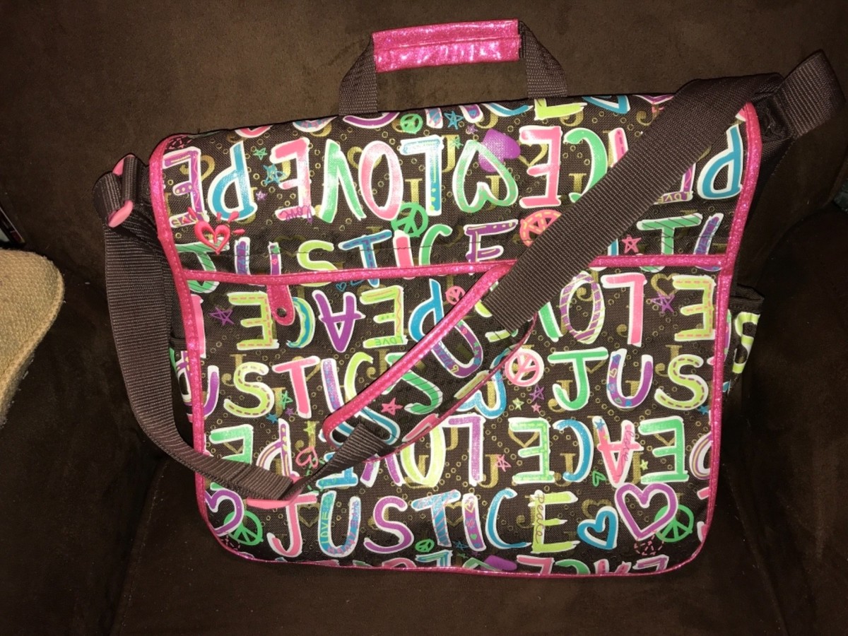JUSTICE PEACE/LOVE MESSENGER BAG GRAFFITI PINK SHIMMER ACCENTS
