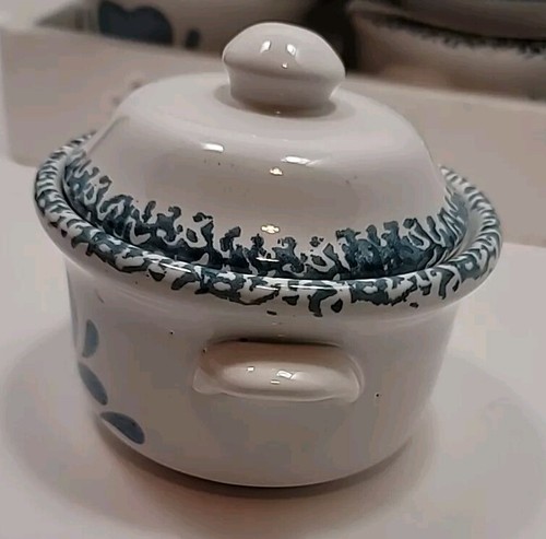 2 Corelle Blue Heart Casserole Individual W/Lid Crock Stoneware Blue Sponge - Picture 2 of 8