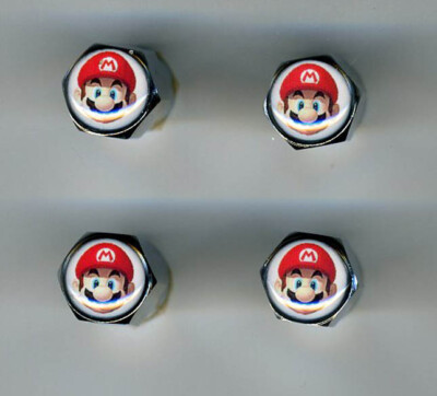 Super Mario 4 Chrome Plated Brass Tire Valve Caps Car & Bike Mario Brothers 