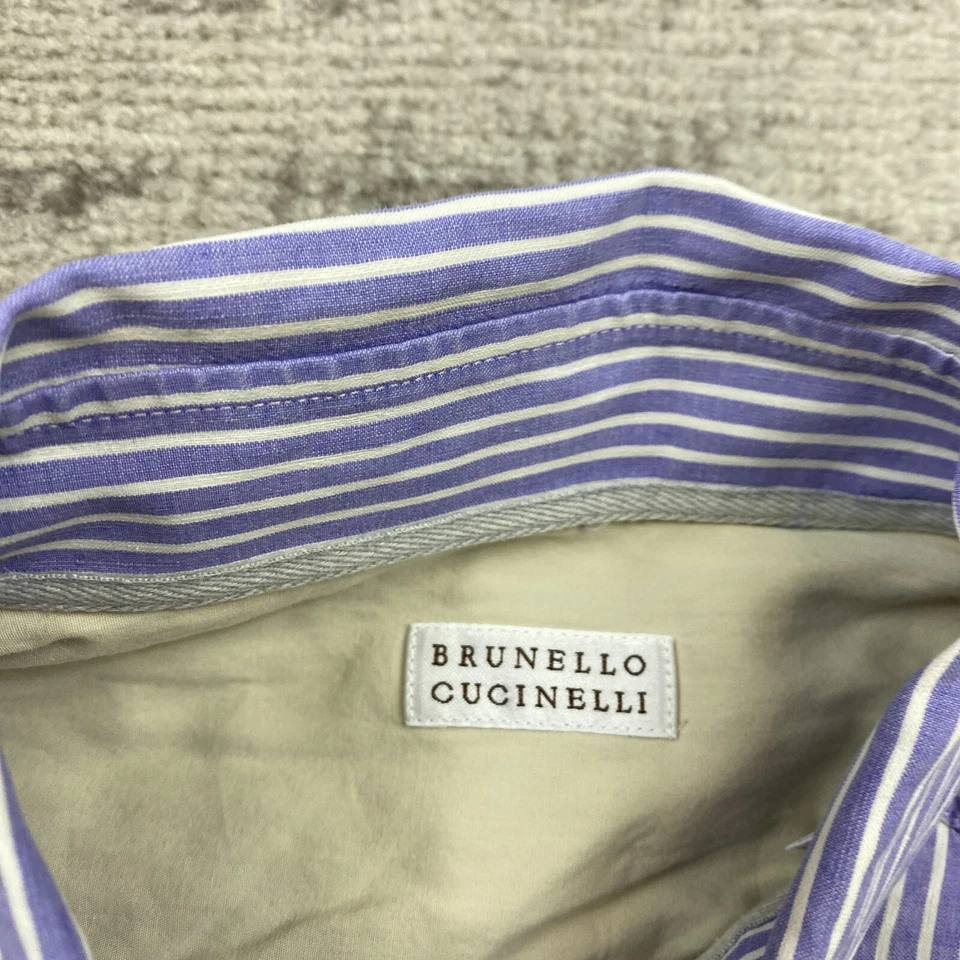 Brunello Cucinelli Linen Button Up Shirt Medium 15 Purple White Dress Outdoors - Image 4 of 4