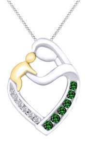 Authentic 1/6 Ct Mother & Child Pendant Necklace Created Emerald 14K White Gold Plated