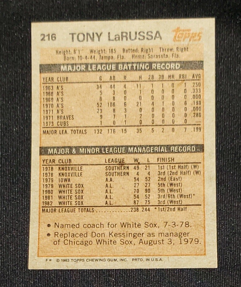 1983 TOPPS #216 TONY LARUSSA CHICAGO WHITE SOX NM-MT OR BETTER