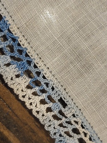Lot of 6 Vintage Hankies Crocheted Edges, 2 Silk Scarves, Lace Blue And White - Picture 7 of 24