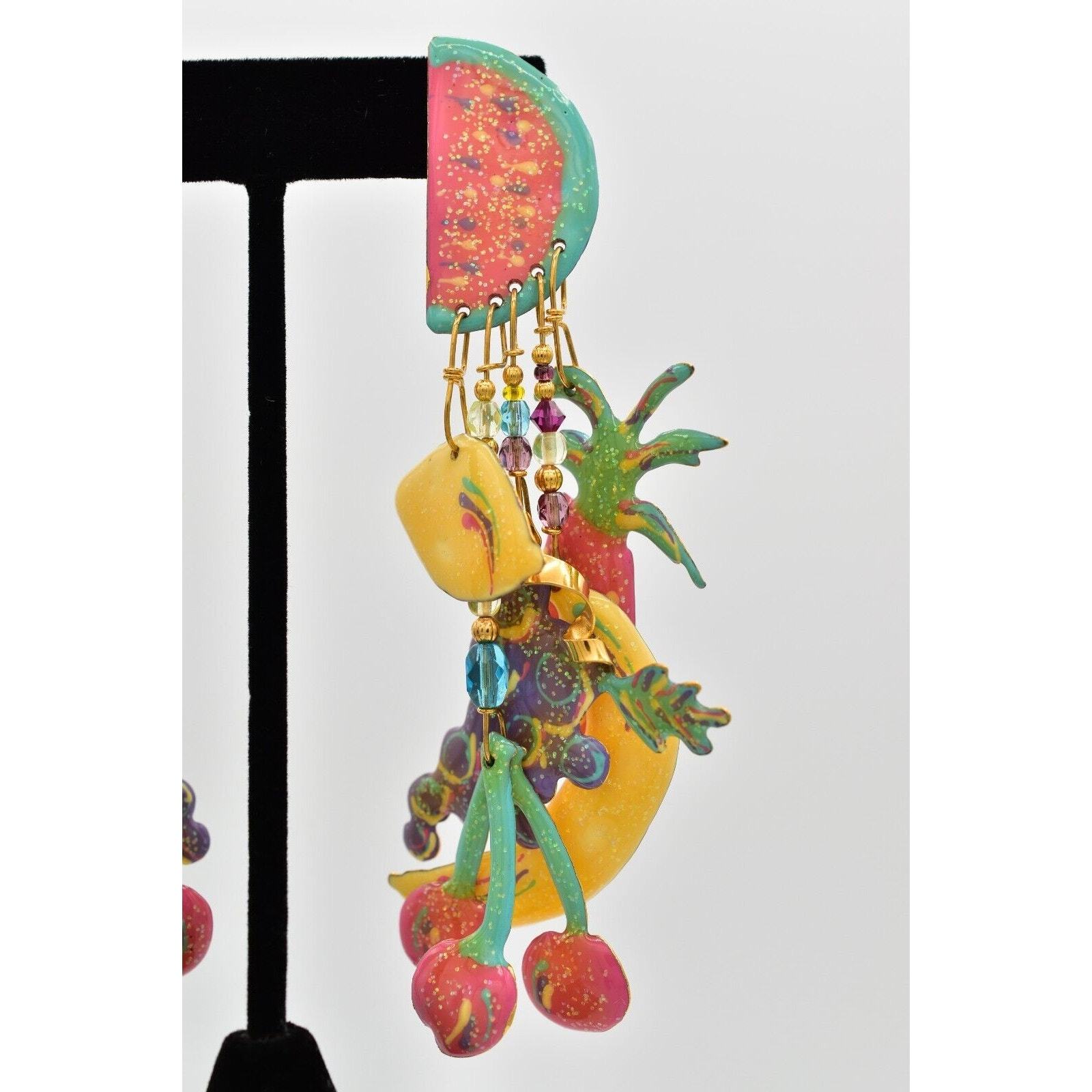 Lunch At The Ritz Vintage Fruit Earrings Tropical Dangle Pastel 89 Signed BinAK