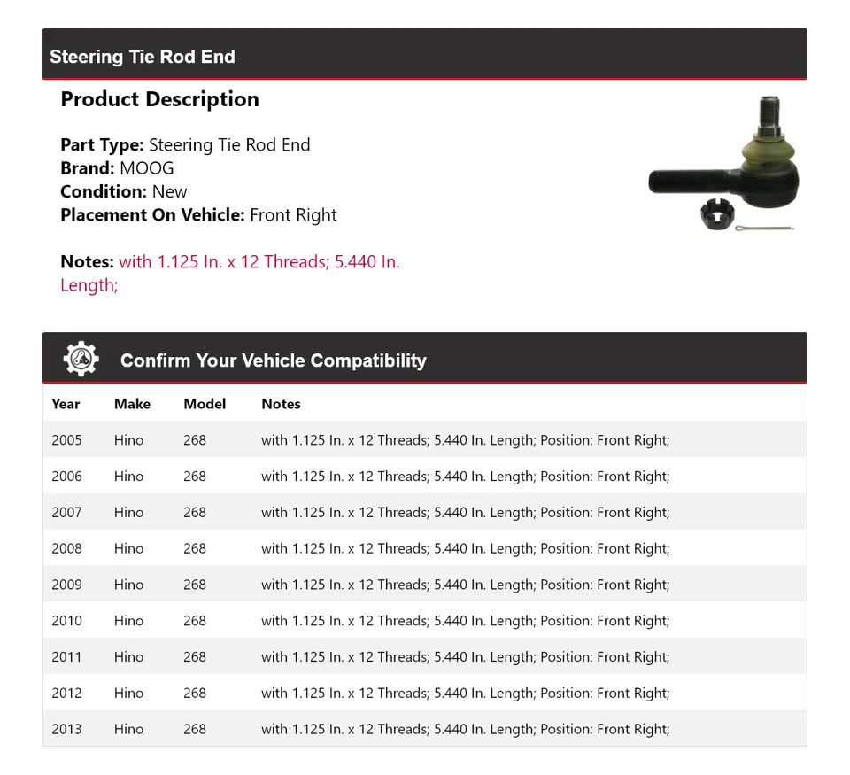 Для 2005-2013 Hino 268 руль анкерный конец передний правый MOOG 2005 2006 2007 2008 - Изображение 2 из 4