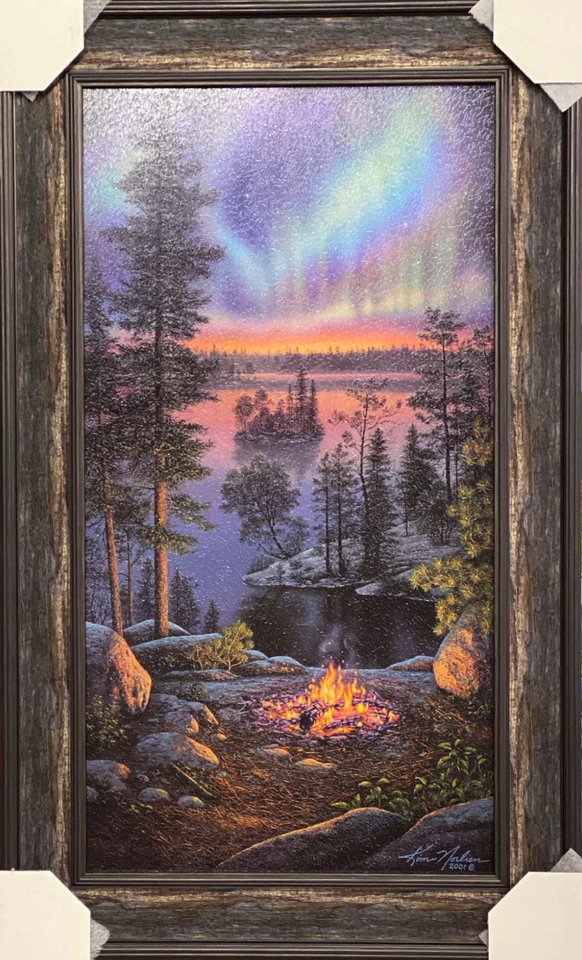 WILDLIFE PRINTS WHOLESALE Kim Norlien "Night Fire" Northern Lights Woods Framed Art Print 21 x 35