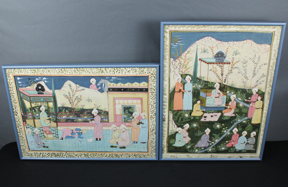 Two Big Islamic Mughal court paintings on silk India Moghul 28"! Indo Persian