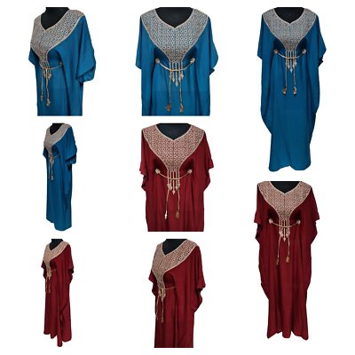 Women Maroon Teal Cotton Short Sleeve Maxi Dress Kaftan Farasha Abaya Robe Je