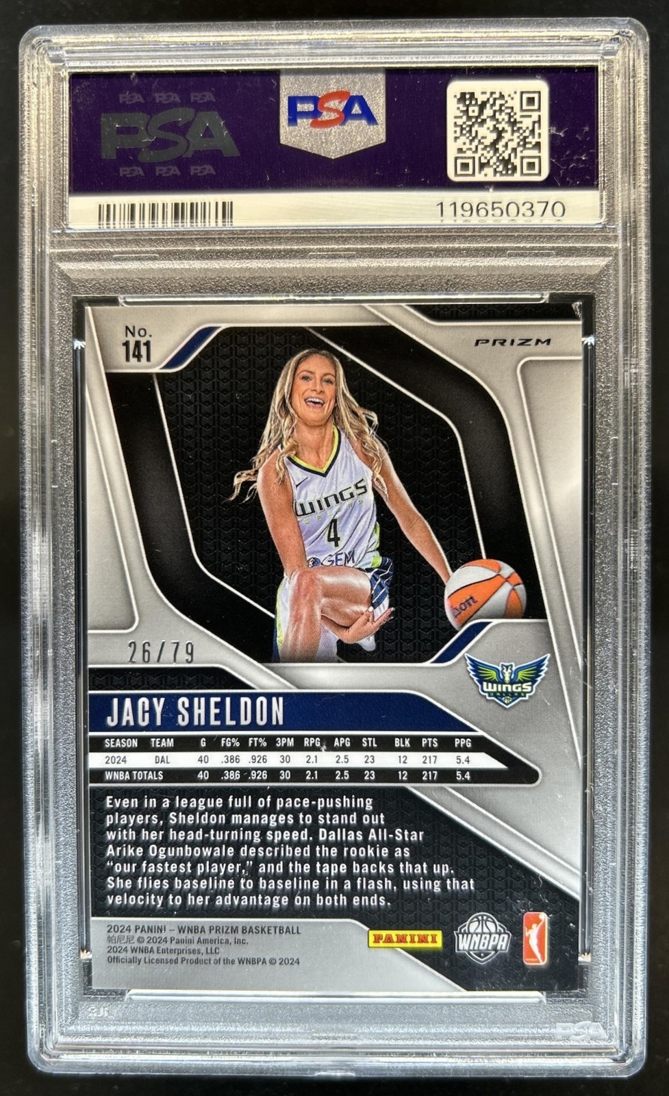 2024 Panini WNBA Prizm Jacy Sheldon RC Pink Velocity Rookie #/79 Wings PSA 9 view 2