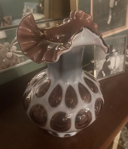 7” Fenton Glass Purple Opalescent Coin Dot Ruffled Vase