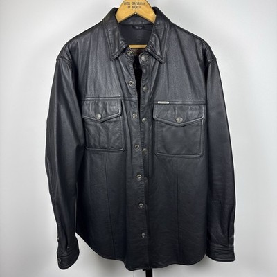 Vintage Harley Davidson Black Leather Lined Bar Snap Biker Shirt Jacket Men's S
