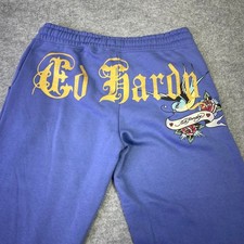 Ed Hardy Women's Sweatpants Wide Leg Blue Tattoo Graphic Bird Panther Love y2k