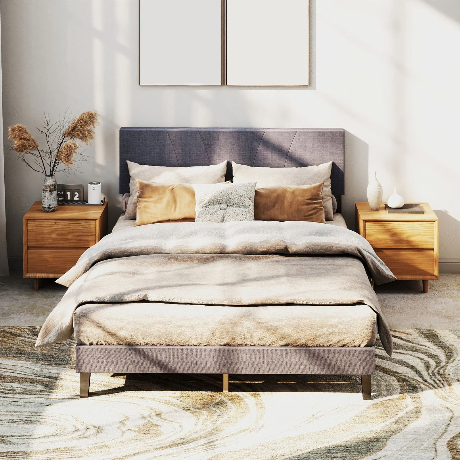 Wood Platform Bed Frame Foundation Upholstered Headboard Strong Wooden Slats