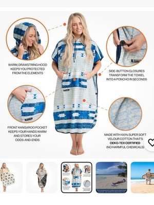 Arcturus Surf Poncho Hooded Towel- Unisex - Blue & White Aztec OSFM - NWT