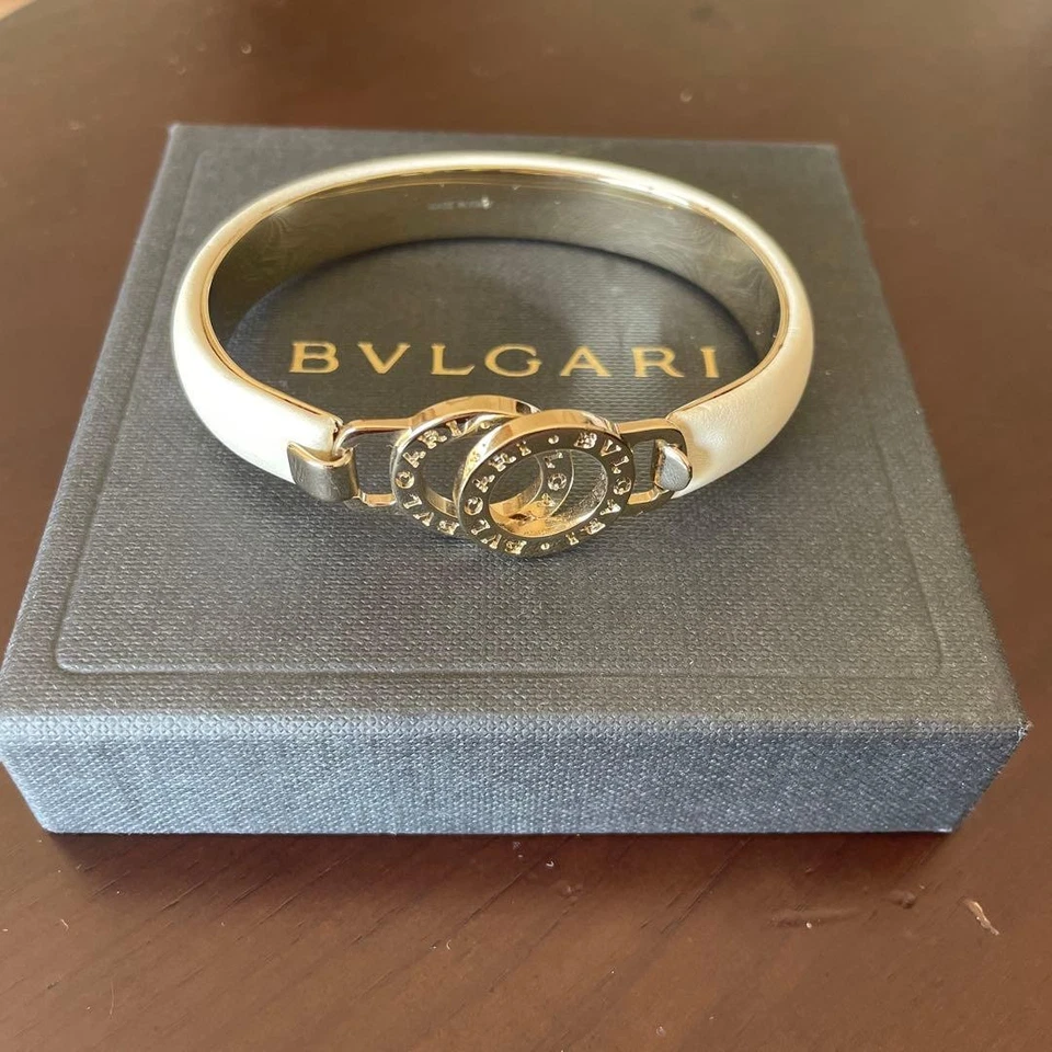 BVLGARI Doppio Tondo Bracelet White Light Gold Calf Leather Bangle Accessories - Image 4 of 4