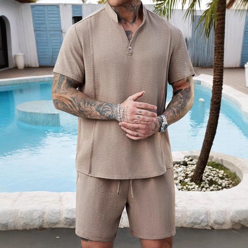 Verano Nuevo Conjunto de Camiseta + Pantalones Cortos Chinos Henry Cuello Alto Para Hombre Traje de Atletismo - Imagen 2 de 8