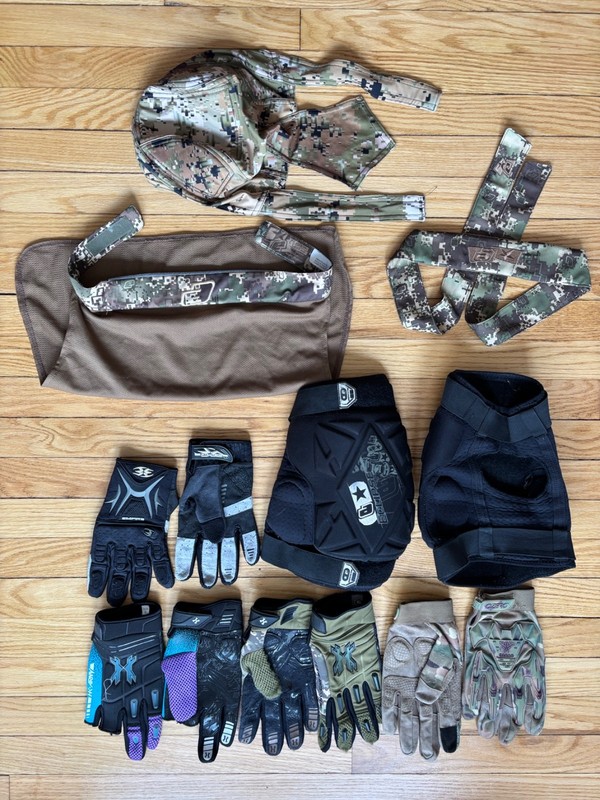 Paintball Gear Lot - see all pictures - pads, gloves, pants, jersey, headwraps