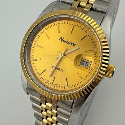 VTG Navarre Quartz Watch Men Dual Tone Fluted Bezel Date Analog New Battery 7.5''