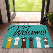 Welcome Cat Dog Paws Welcome Door Mat,Cute Cartoon Doormat for Outside Entran...