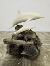 John Perry Studio Dolphin Mom & Baby Calf Burl Wood Art Sculpture