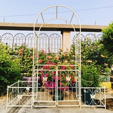 Metal Garden Arch with Gate 79.5x86.6 in Climbing Plant Rose Support Cream White