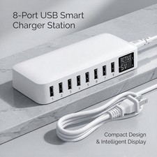 8 Port USB Charging Station Desktop Phone Charger Hub LCD Multi Device Dock