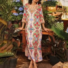 Soft Surroundings Ipanema Kaftan Dress L Embroidered Challis Maxi Dress Beaded