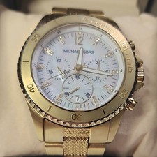 RARE MICHAEL KORS MK5437 LADIES GOLD TONE MOP CHRONOGRAPH OVERSIZED 45M