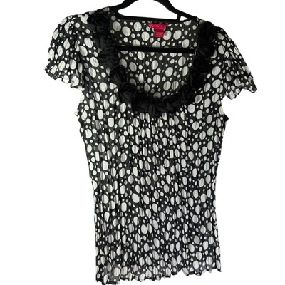 Sunny Leigh Top Women's Size L Black White Polka Dots Roses Cap Sleeve