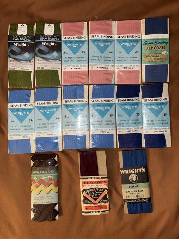 15 (New Old Stock) Vintage Various Color Wrights/J.P. Coats seam bindings hem