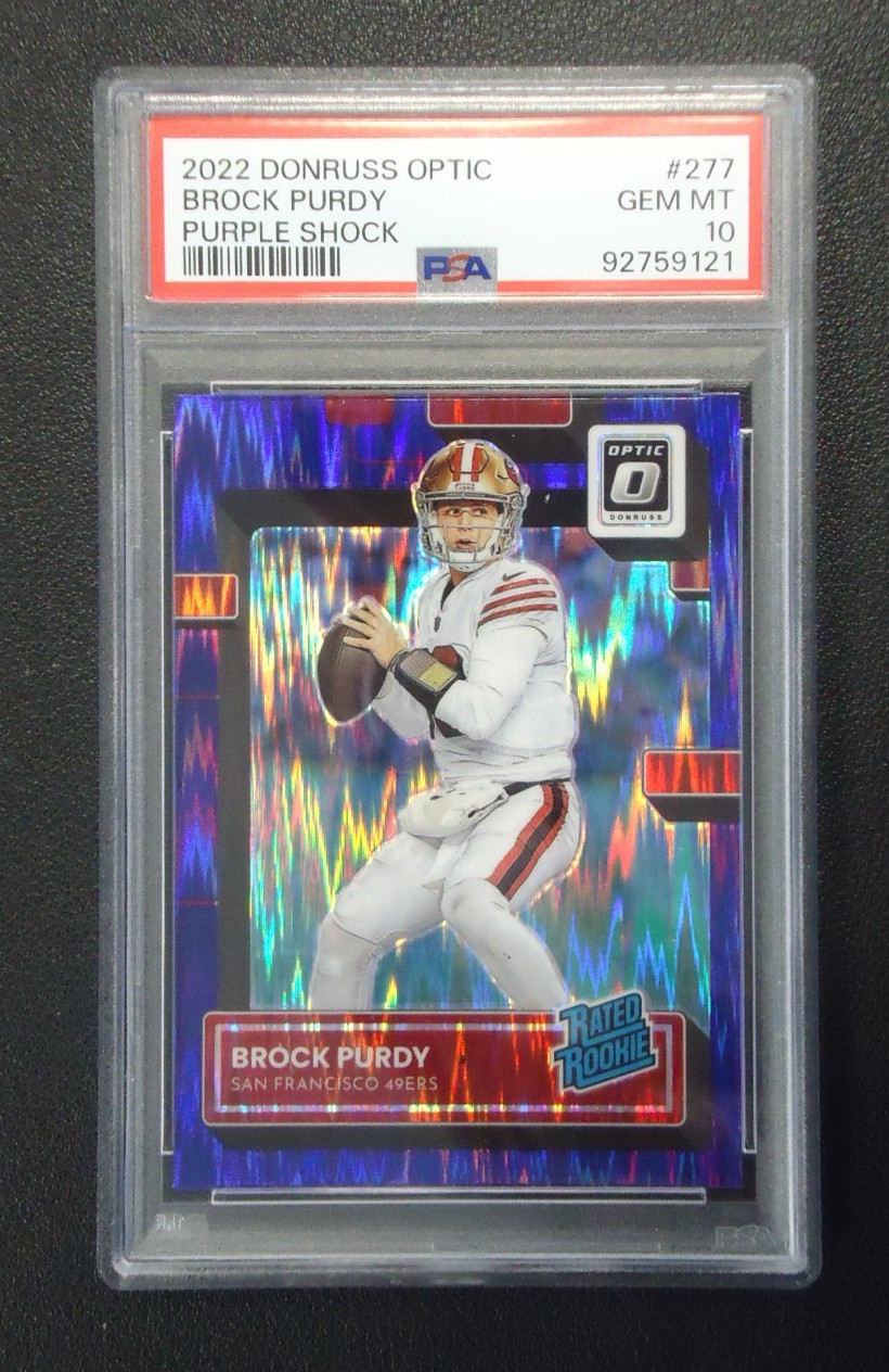 Brock Purdy 2022 PANINI DONRUSS OPTIC RR PURPLE SHOCK Card #277 PSA GEM MINT 10