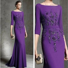 Purple Mother of The Bride Dress with Beaded Applique 3/4 Sleeve Evening Gown