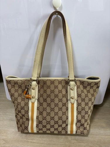 Gucci GG Canvas Tote Bag Beige Ivory Leather Charm Dust Bag Large Handbag