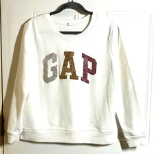 GAP White Sweatshirt Crewneck Glitter Sparkle Logo Long Sleeve Women's L Comfy
