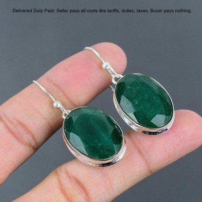 Valentines Sale 925 Sterling Silver Zambian Emrald Stone Drop Dangle Earrings