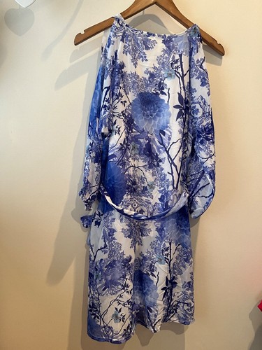 Quiz Dress Size 10 Blue Floral Cold Shoulder Belted Tunic Party Formal Occasion - Picture 4 of 10