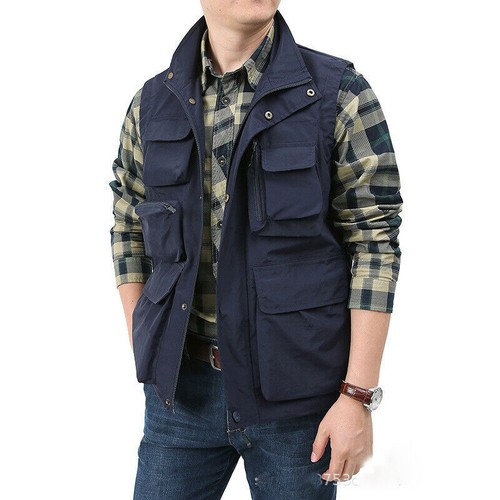 Herren Weste Multi Taschen Ärmellose Cargo Jacke Weste Weste Angeln Zip Tops NEU - Bild 14 von 16